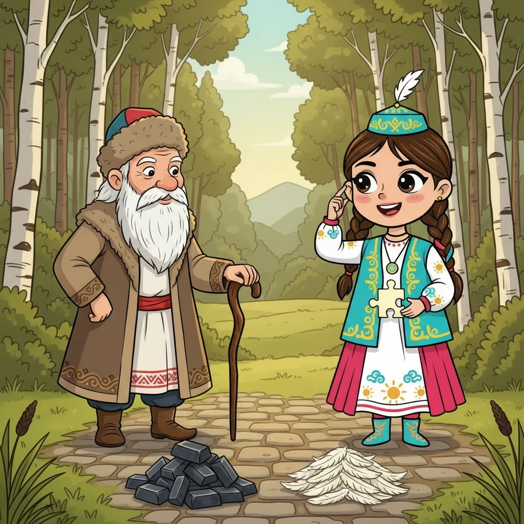 Айсулу, полная решимости, отправилась в путь. Она встретила мудрого старика, который дал ей первую задачу: "Что тяжелее – килограмм железа или килограмм пуха?" Айсулу, подумав, с улыбкой ответила.