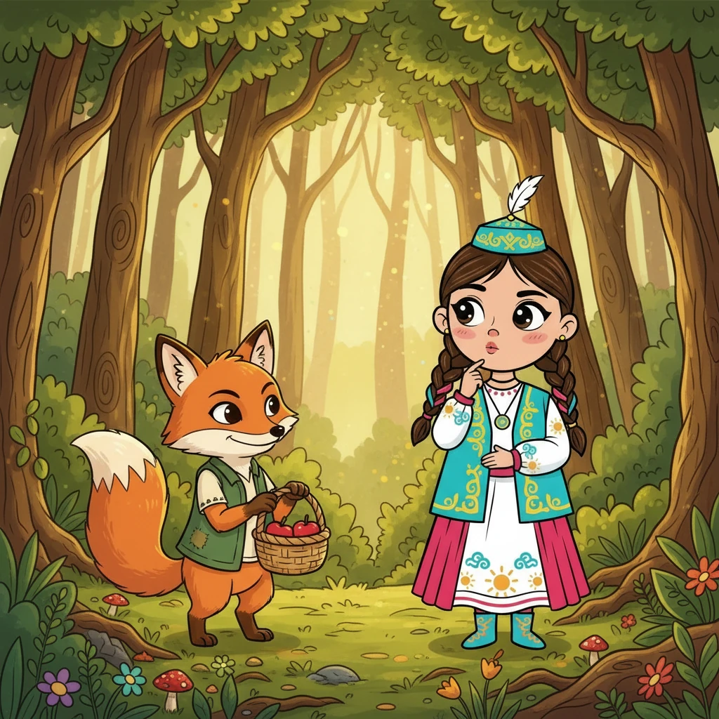 Дальше ее путь лежал через густой лес. Там она столкнулась с хитрым лисом, который предложил ей задачу: "У меня в корзинке 5 яблок. Я отдал 2 друзьям. Сколько яблок осталось в корзинке?" Айсулу быстро нашла ответ, используя логику.