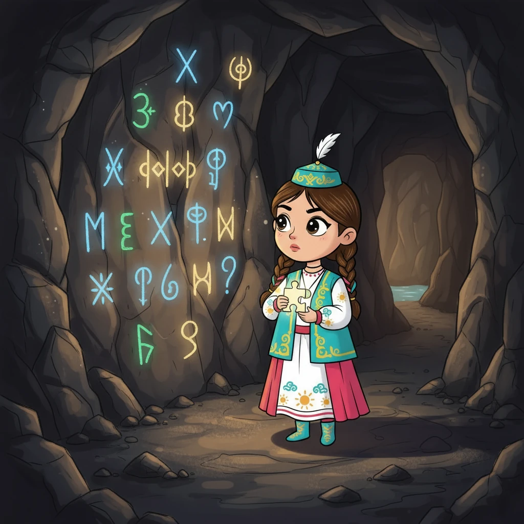 Перейдя через реку, Айсулу попала в пещеру, где ее ждала еще одна задача. На стенах пещеры были нарисованы странные символы. Нужно было расшифровать их, чтобы найти выход. Айсулу внимательно изучила знаки и поняла смысл.