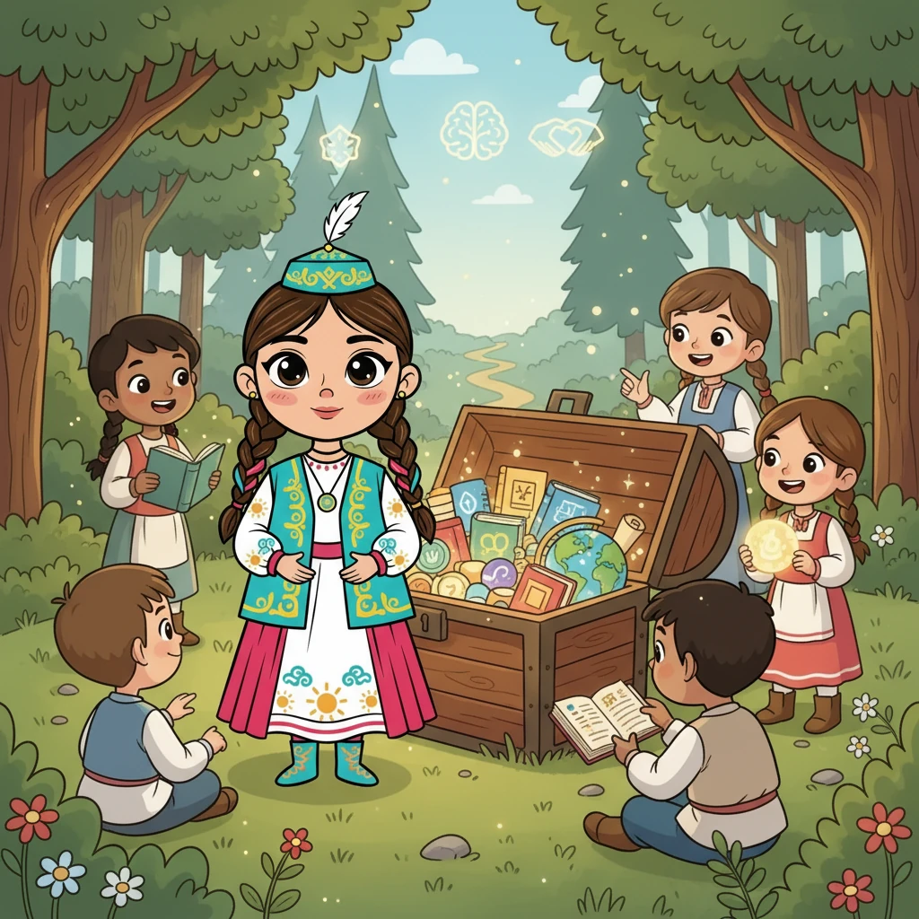 После решения всех задач, Айсулу нашла сундук с сокровищами. Но это были не золото и драгоценности, а знания и новые друзья. Вместе они поняли, что настоящие сокровища – это смекалка и дружба.