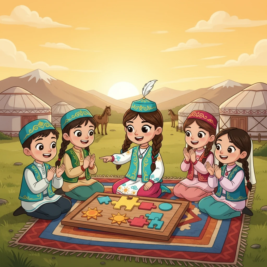 В конце своего приключения Айсулу вернулась в аул, став еще умнее и сильнее. Она поделилась своими знаниями с друзьями, и они вместе стали решать новые логические задачи, радуясь каждому правильному ответу.