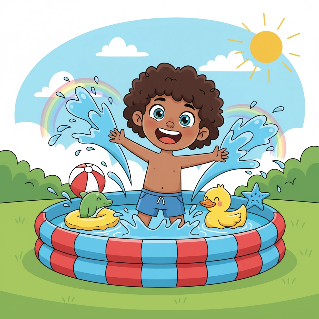Leo giggles as he splashes in a giant inflatable pool, surrounded by colorful floating toys. The sun shines brightly, and a friendly rubber duck floats nearby, looking just as happy. Water droplets fly everywhere, catching the light in a rainbow arc, making a perfect summer day.