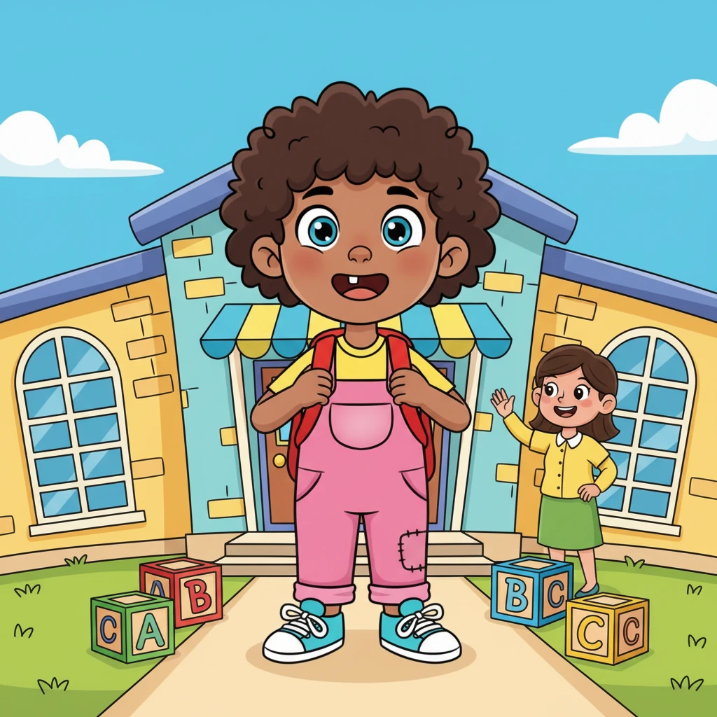 Leo stands proudly with his bright red backpack, a huge smile on his face, in front of a whimsical elementary school building. Playful ABC blocks are scattered around, and a friendly teacher waves from the doorway. He looks ready for a brand new adventure and learning.