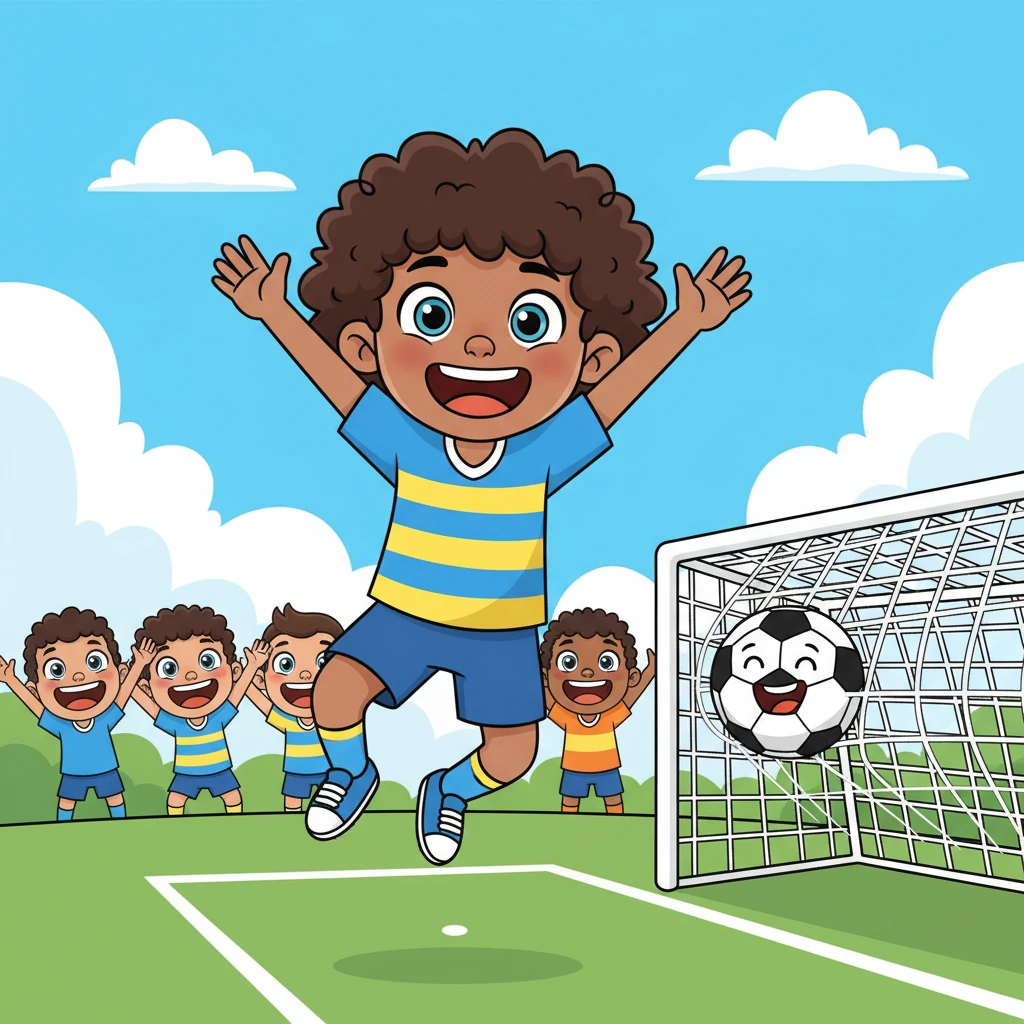 Leo, in a striped soccer uniform, leaps with joy after scoring a goal! The soccer ball bounces happily into the net, and his teammates cheer with exaggerated smiles in the background. The field is a vibrant green under a blue sky, celebrating his big moment.