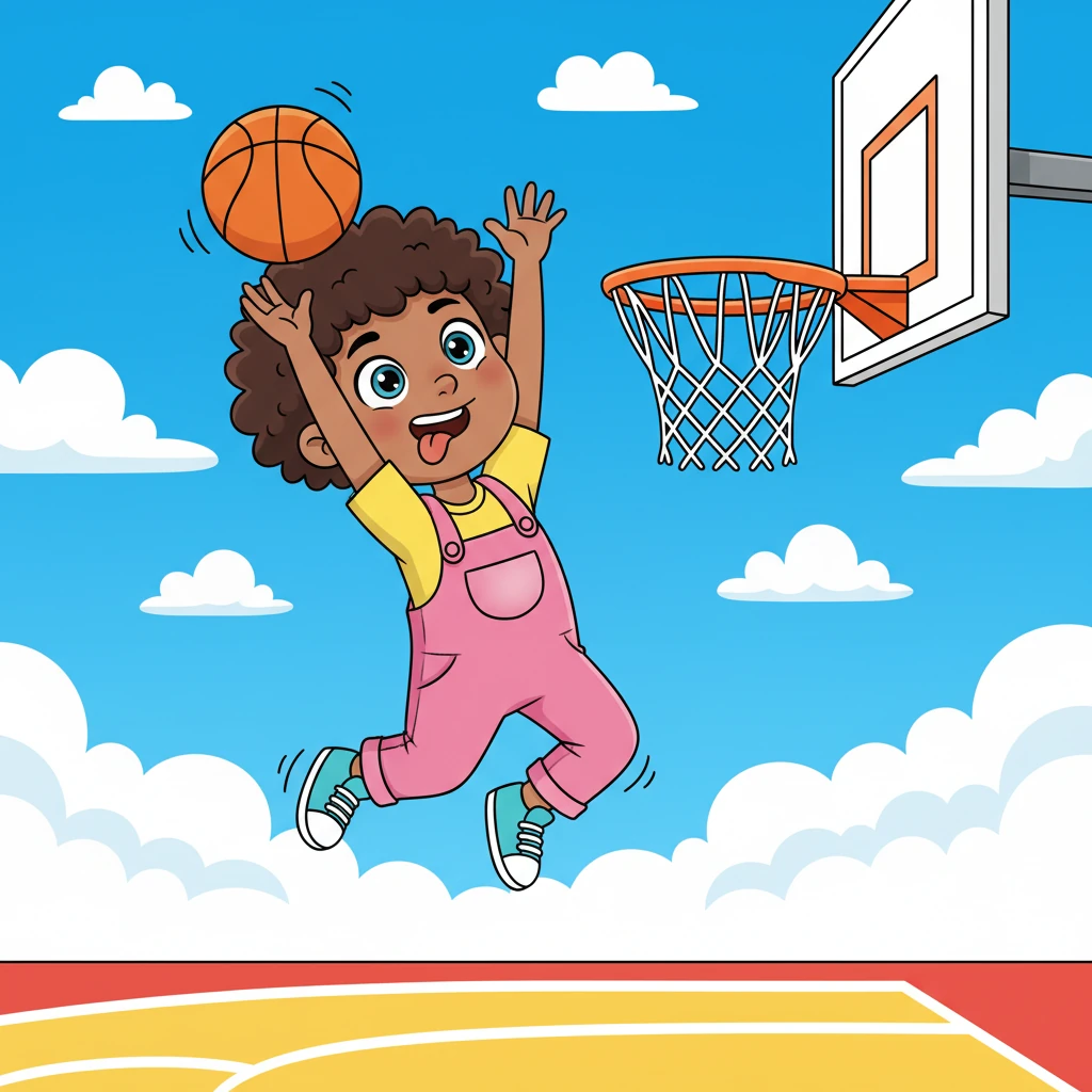 With incredible energy, Leo jumps high, reaching for a basketball hoop that seems to stretch just for him. His tongue sticks out in concentration, and the ball is perfectly aimed for a playful slam dunk. The court lines are bold and bright, highlighting his athletic spirit.