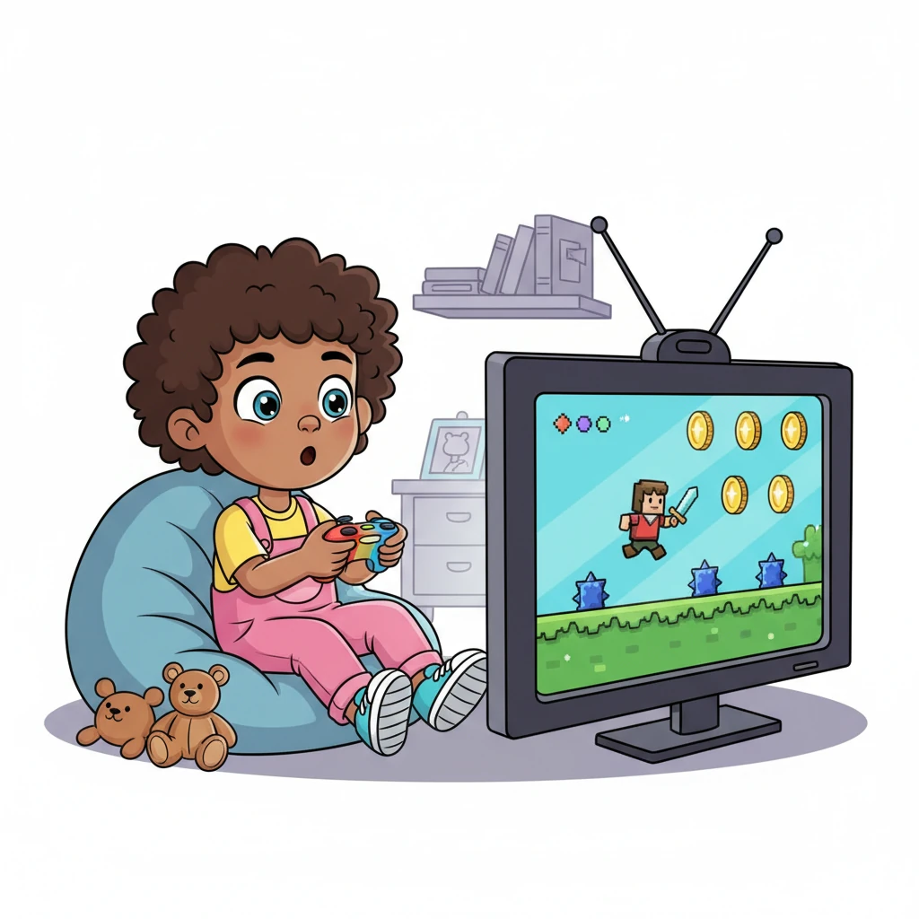 Leo is immersed in a fantastical video game world, holding a controller with wide, focused eyes. On the screen, a pixelated hero character jumps over obstacles, collecting shiny coins. The room glows with the vibrant colors of the game, pulling him into its digital magic.