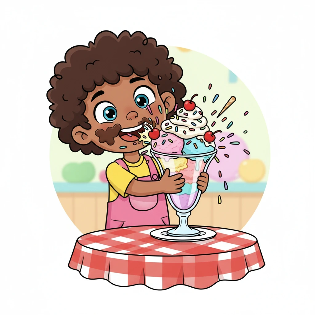 Leo takes a huge, joyful bite out of a towering ice cream sundae, sprinkles flying everywhere. His eyes are wide with delight, and a little chocolate smudge is on his cheek. The dessert is a colorful masterpiece on a checkered table, a truly yummy treat.