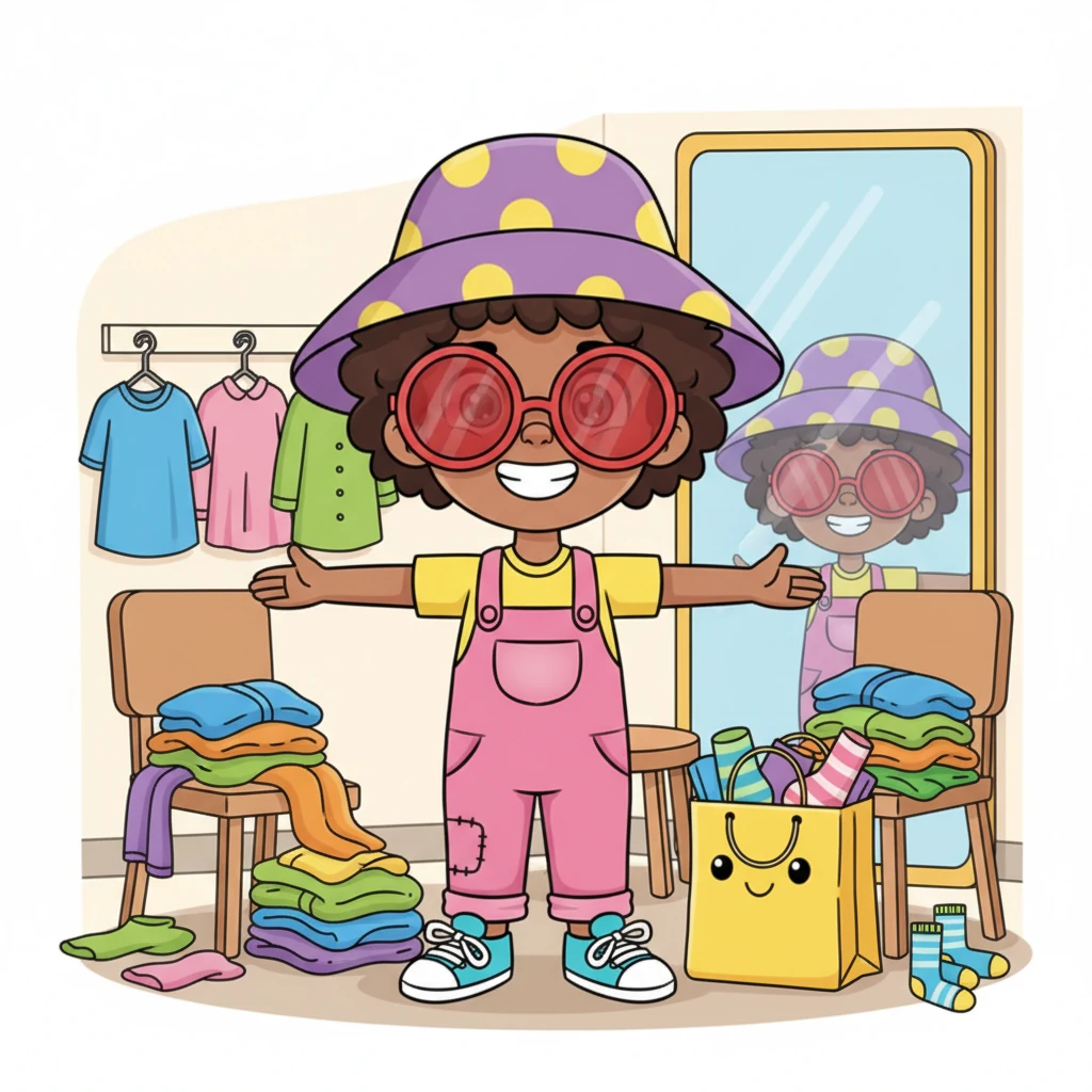 Leo grins mischievously in a dressing room, trying on an oversized, silly hat and sunglasses. Piles of colorful clothes are draped over chairs, and a happy little shopping bag sits beside him, bursting with new outfits. It's a day of playful fashion exploration.