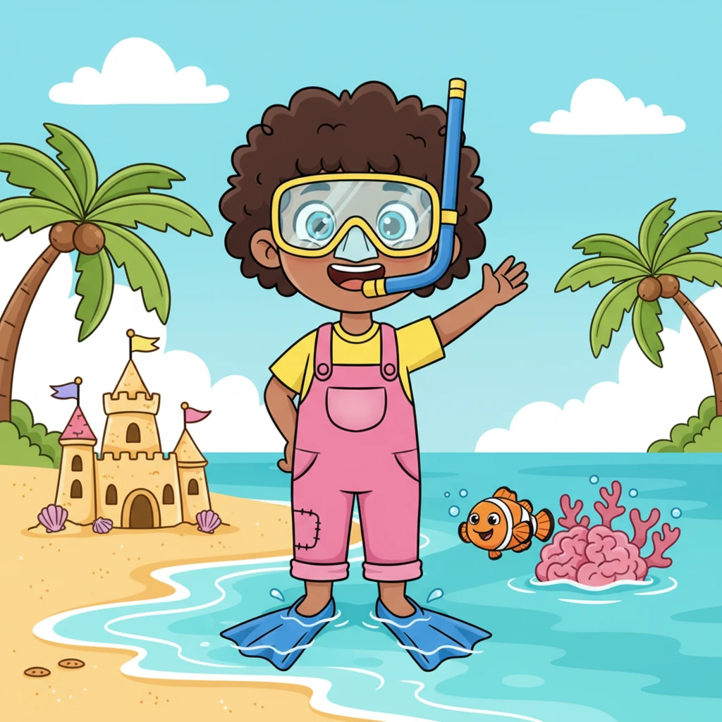 Leo, wearing a snorkel mask and flippers, waves excitedly from a tropical beach. Palm trees sway gently, and a friendly fish peeks out from the clear blue ocean. A colorful sandcastle stands proudly nearby, marking a fantastic family vacation.
