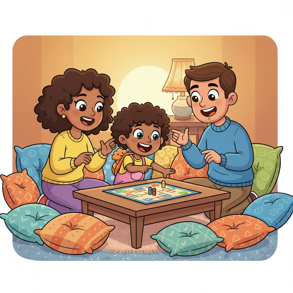 Leo laughs heartily while playing a board game with his parents, who are equally joyful and animated. Cozy blankets and pillows are scattered around, creating a warm and inviting family scene in their living room. It's a perfect day for togetherness.