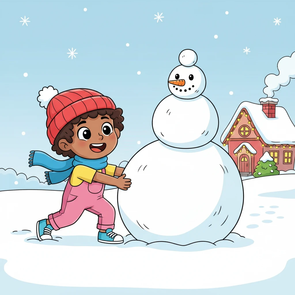 Leo, bundled in a warm hat and scarf, gleefully rolls a giant snowball, building an enormous, smiling snowman. Gentle snowflakes fall around him, and a cozy, snow-covered house with twinkling lights is in the background, making a magical winter break scene.