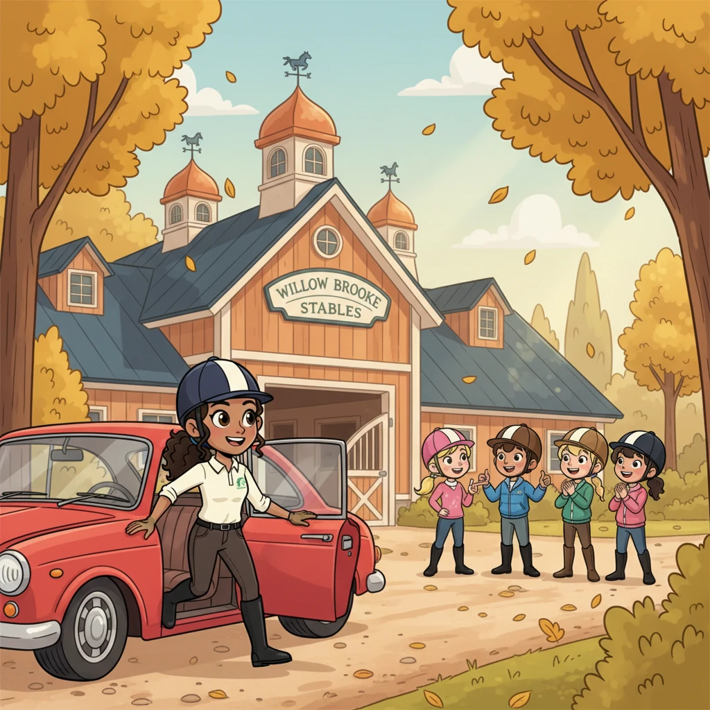 I remember the crisp autumn air as Mom's car pulled up to Willow Brooke, my heart thumping with excitement. The grand stables, with their shining cupolas, looked even more magnificent than in the brochures. Charlotte, Olive, Gunnar, Dixie, and Blair were already laughing by the entrance, their riding helmets gleaming, and I knew this year was going to be an incredible adventure with my best friends.