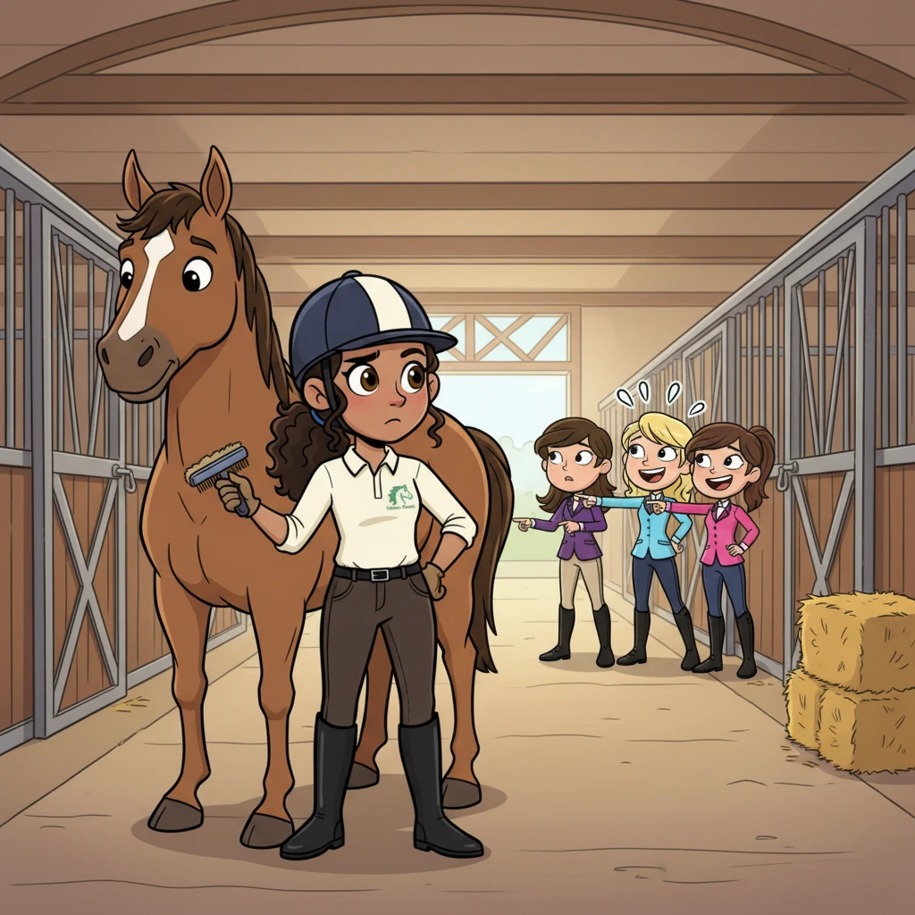 Later, while grooming Comet, I overheard snide remarks from Tiffany, Brittany, and Brooke, the three girls who always seemed to find fault. They were making fun of Everly's earlier fall, their laughter echoing cruelly through the stable aisle. My stomach clenched, wishing they would just leave Everly alone.