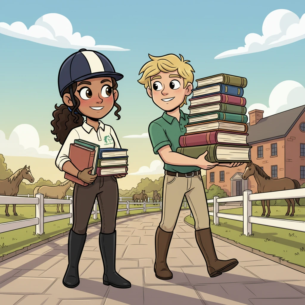 After a long day of classes and riding, I was lugging my heavy textbooks back to the dorm when Leo, one of the boys from the advanced riding team, jogged up beside me. "Need a hand with those, Sadie?" he asked, his smile warm and genuine as he effortlessly took half my load. My cheeks flushed, a small flutter in my chest.