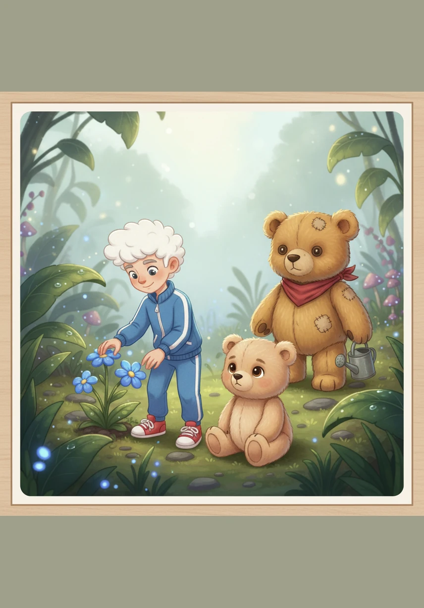 In the misty garden, Milo finds a wooden birdhouse that has tumbled from an old oak tree. He carefully climbs a ladder made of twigs and uses his tools to secure the house back onto a sturdy branch.