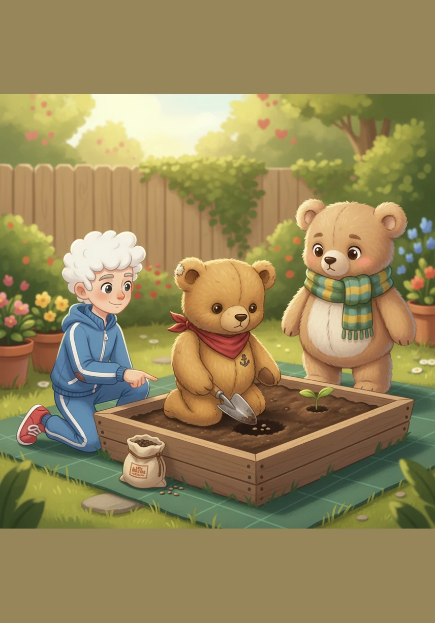 Milo loves the smell of fresh earth and spends time planting tiny seeds in the garden soil. He uses a small metal trowel to dig perfect holes, making sure every sprout has a cozy place to grow tall.