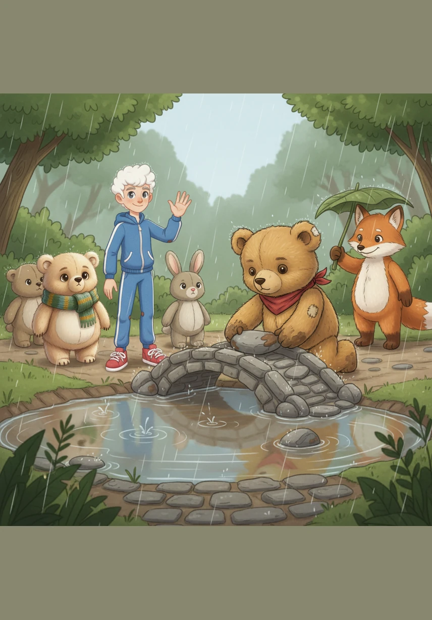 When a rainy day creates a big puddle on the path, Milo doesn't mind getting his paws a bit muddy. He gathers flat river stones and builds a sturdy little bridge so his friends can cross without getting wet.