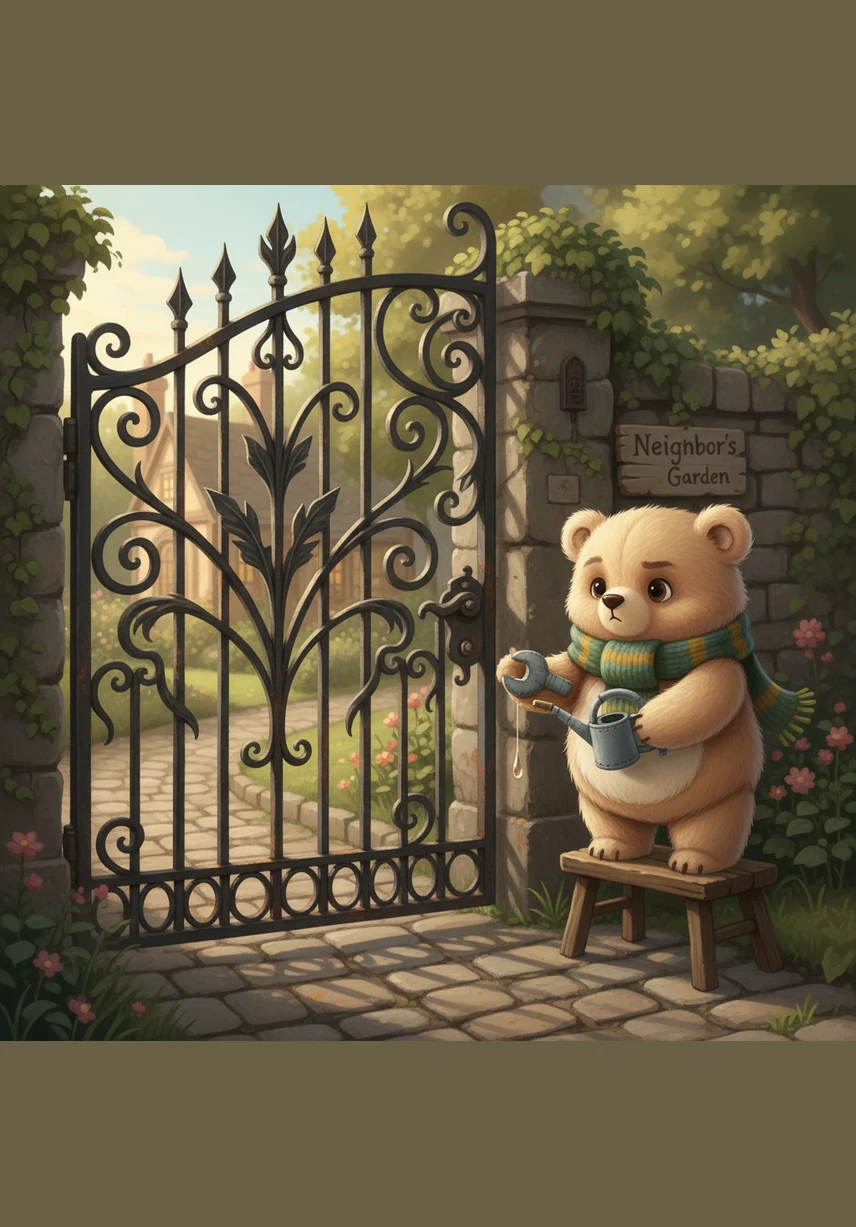 A neighbor's heavy iron gate is squeaky and stuck, so Milo brings his copper oil can. With a little bit of patience and grease, the gate finally swings smoothly and quietly once more.