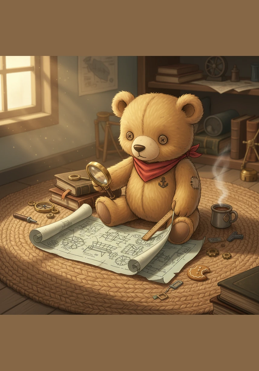 Milo studies a large, crinkled blueprint that shows the secret design of a cozy treehouse. He traces the lines with his paw, planning exactly where each gear and wooden board should be placed.