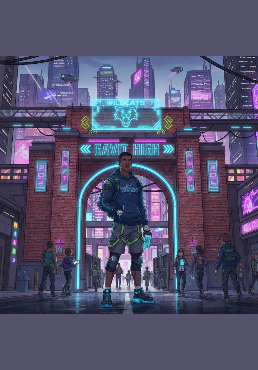 Marcus stands before the towering brick entrance of Gavit High School on a crisp autumn morning. Wearing his new letterman jacket, he looks up at the stone gladiator relief above the doors, feeling the weight of tradition on his shoulders.