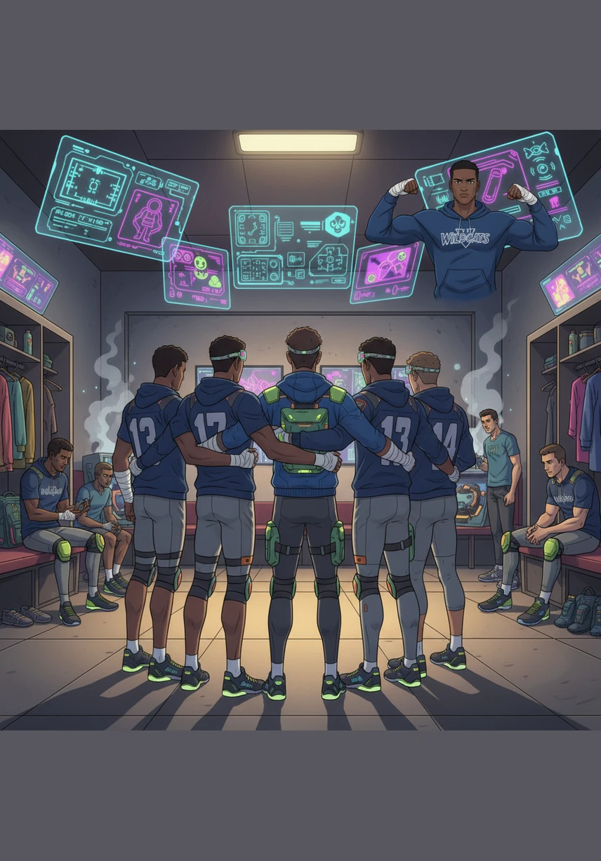 Inside the bustling locker room, Marcus joins his teammates in a tight huddle before the first practice of the season. The air is thick with the scent of old leather and the sound of high-top sneakers scuffing against the floorboards.