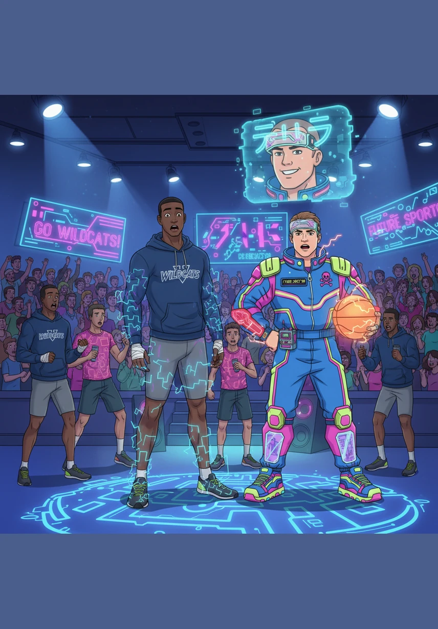 During a high-energy pep rally, the gymnasium erupts in cheers as Marcus and the team run through a giant paper hoop. Students in denim jackets and colorful sweaters wave pom-poms while the school band plays a thunderous anthem.