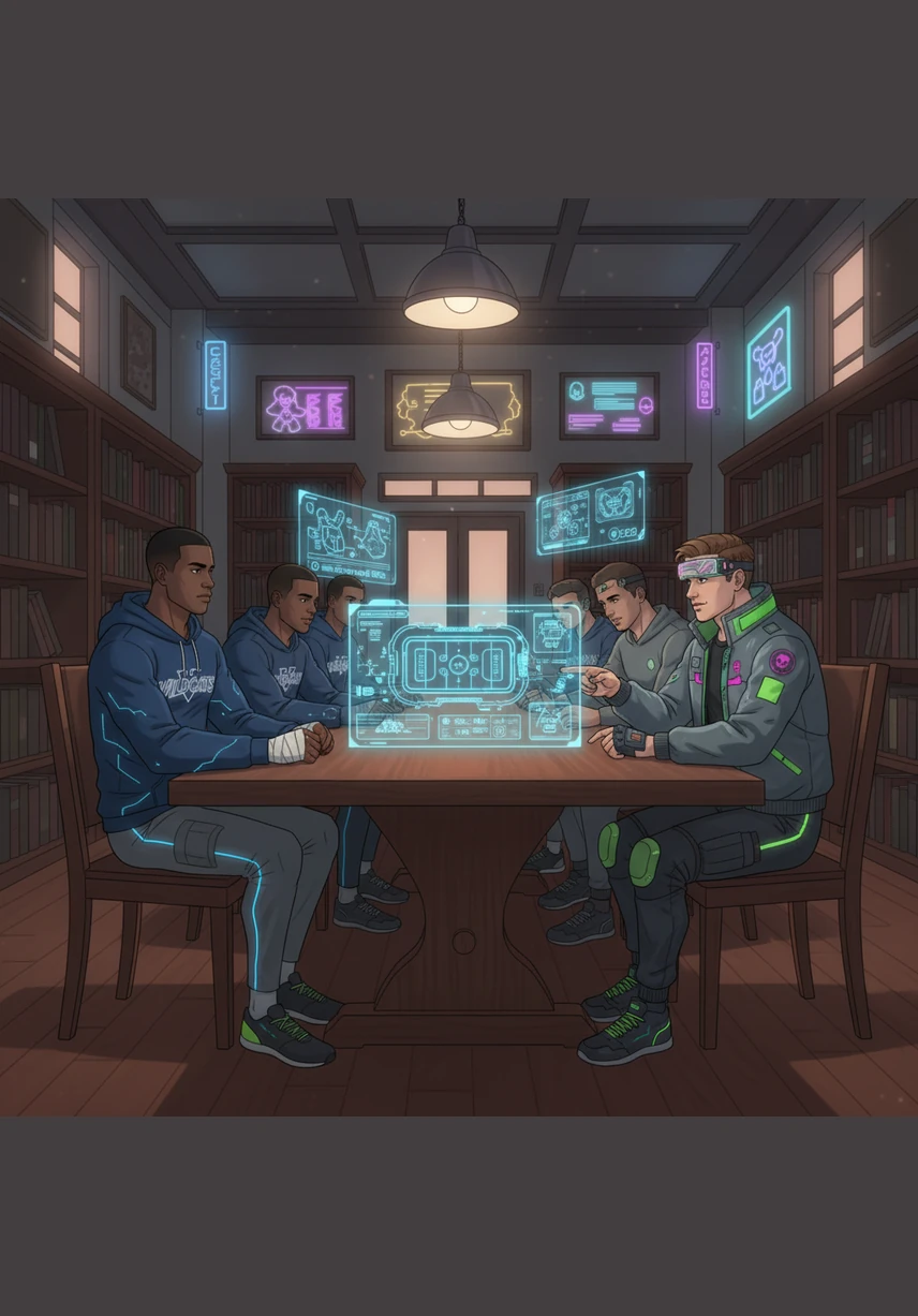 In the quiet sanctuary of the school library, Marcus sits at a heavy wooden table piled high with textbooks and handwritten notes. He and his friends study by the soft glow of green lamps, sharing a moment of focused silence amidst their busy lives.