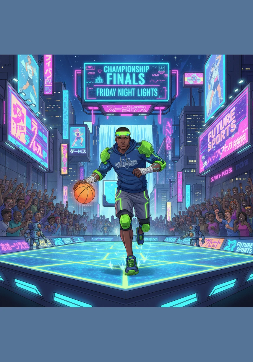 The Friday night lights shine brilliantly over the stadium as the championship game begins. Marcus stands on the sidelines with his helmet tucked under his arm, his eyes fixed on the field where every play brings them closer to history.