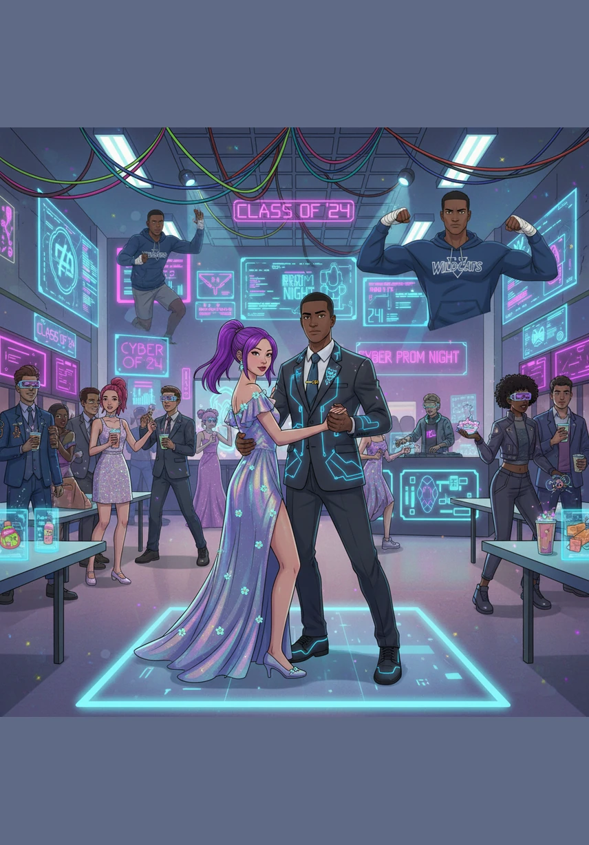 At the senior prom, the cafeteria is transformed into a shimmering ballroom filled with neon lights and silver streamers. Marcus laughs with his friends, realizing that these final moments together are the ones they will cherish the most.