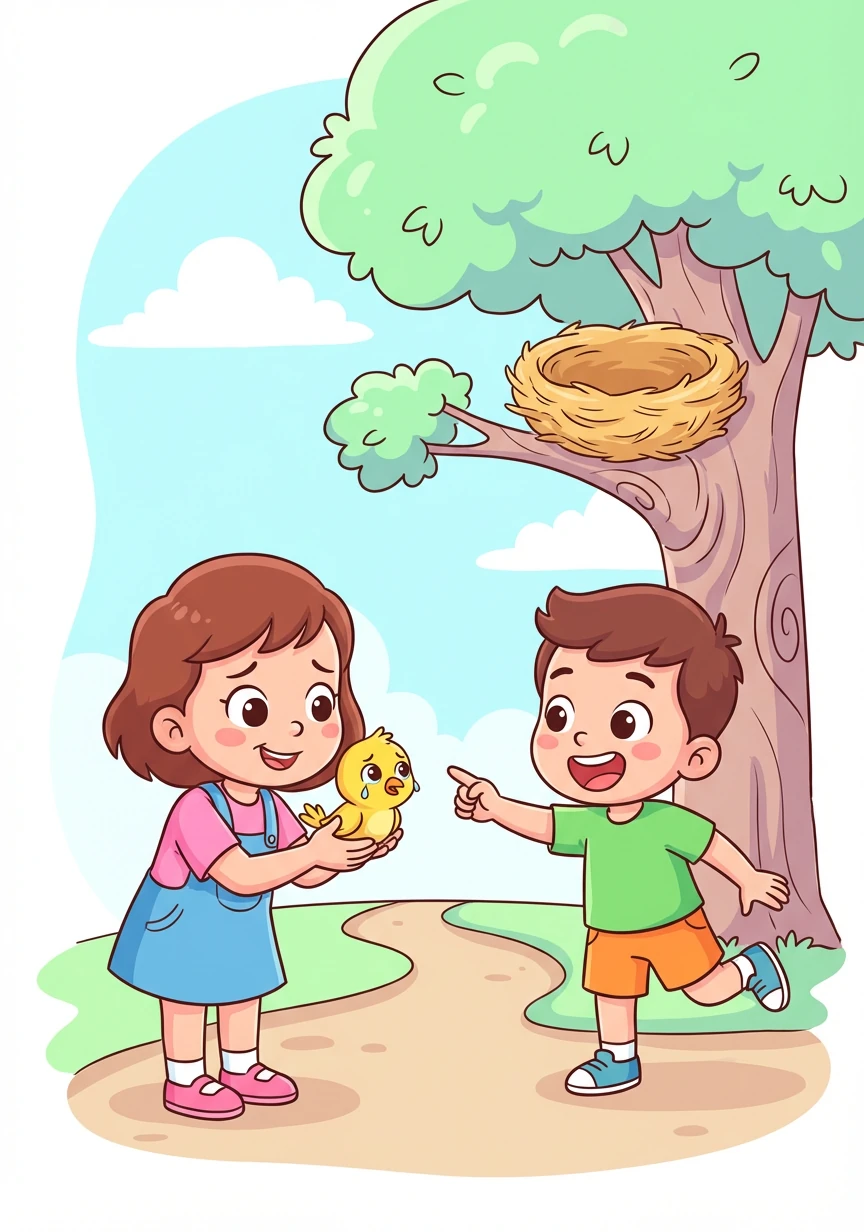 Trên đường đi, họ gặp một chú chim nhỏ bị lạc đường. An và Huy giúp chú chim tìm về tổ.