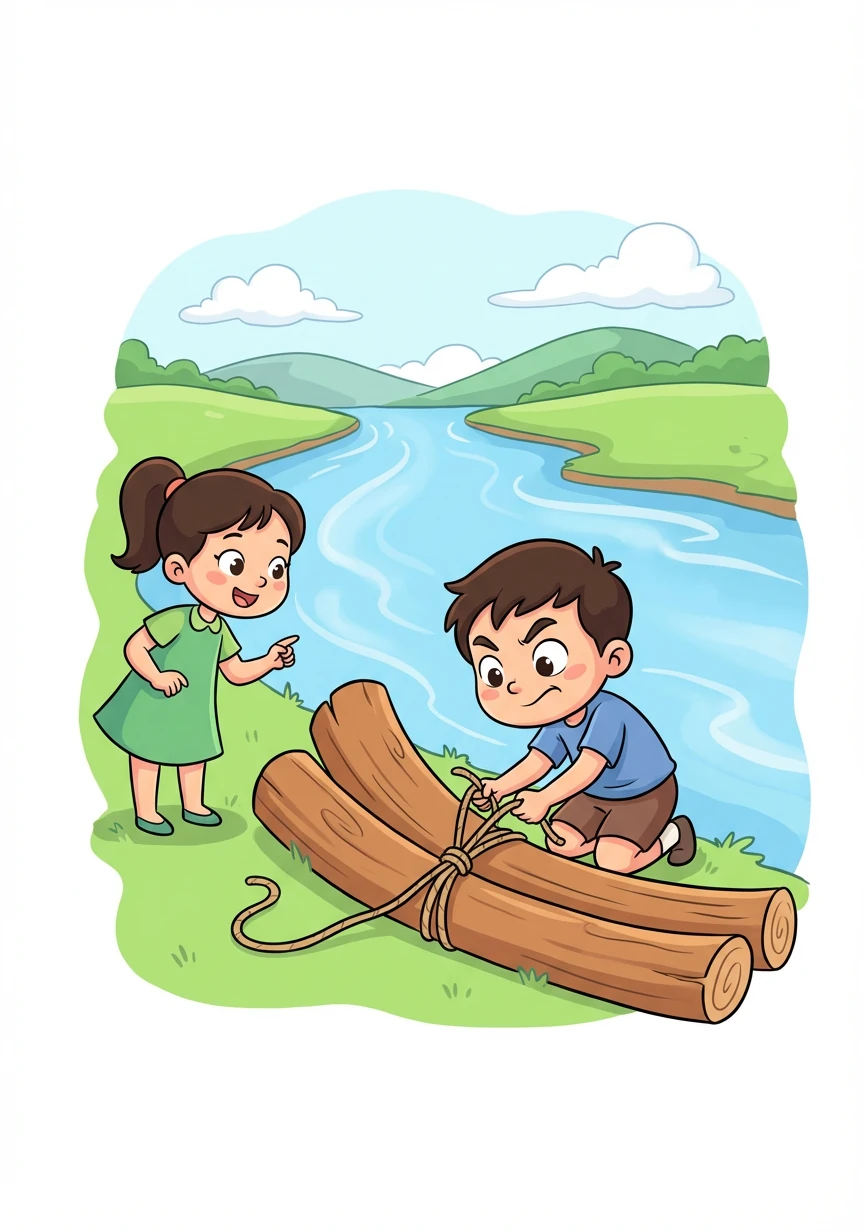 Họ tiếp tục đi và gặp một dòng sông lớn. Huy dùng những khúc gỗ để làm một chiếc bè giúp cả hai qua sông.