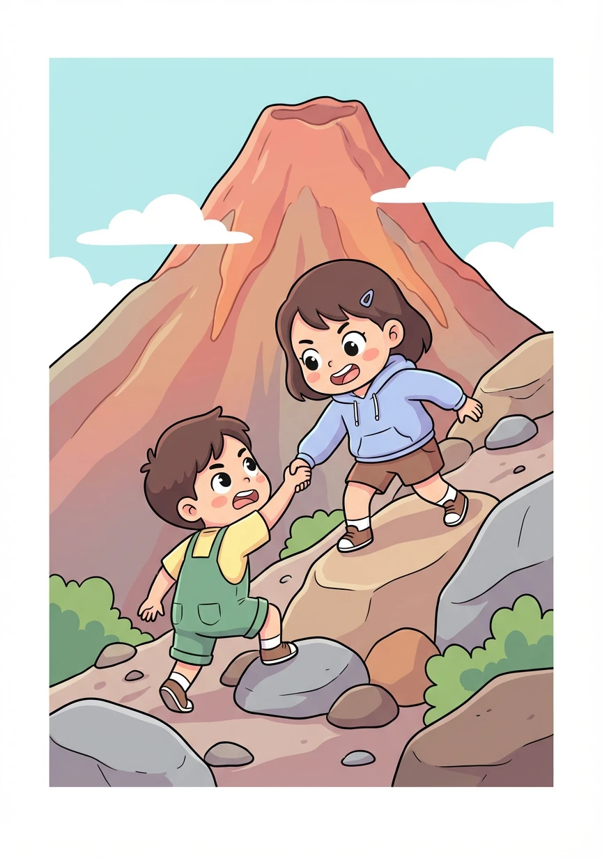 Họ leo lên núi lửa, con đường đầy đá và dốc. Cả hai giúp đỡ nhau vượt qua khó khăn.