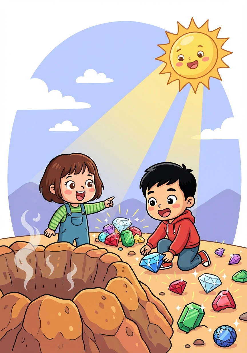 Đến miệng núi lửa, họ thấy một cảnh tượng tuyệt đẹp. Những viên đá quý lấp lánh dưới ánh mặt trời.