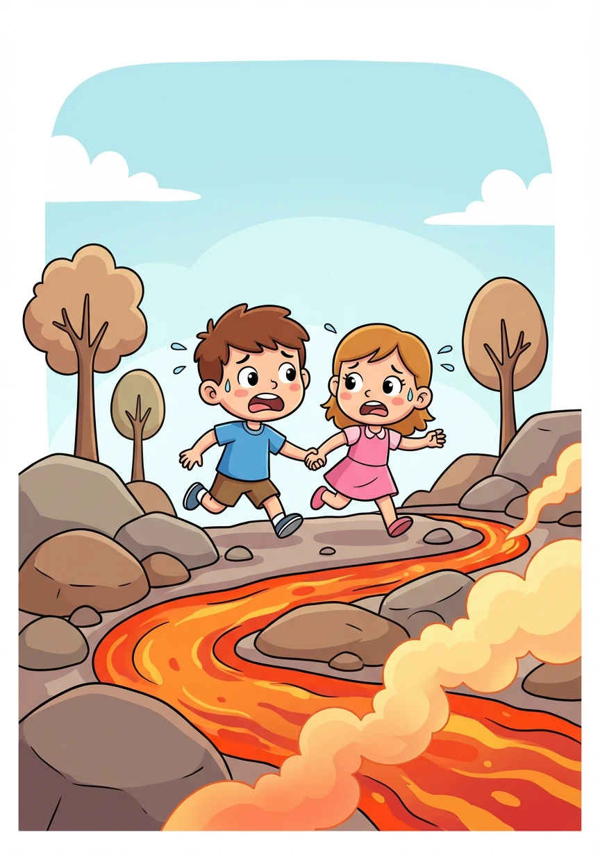 An và Huy chạy trốn khỏi dòng dung nham nóng bỏng. Họ chạy nhanh nhất có thể.