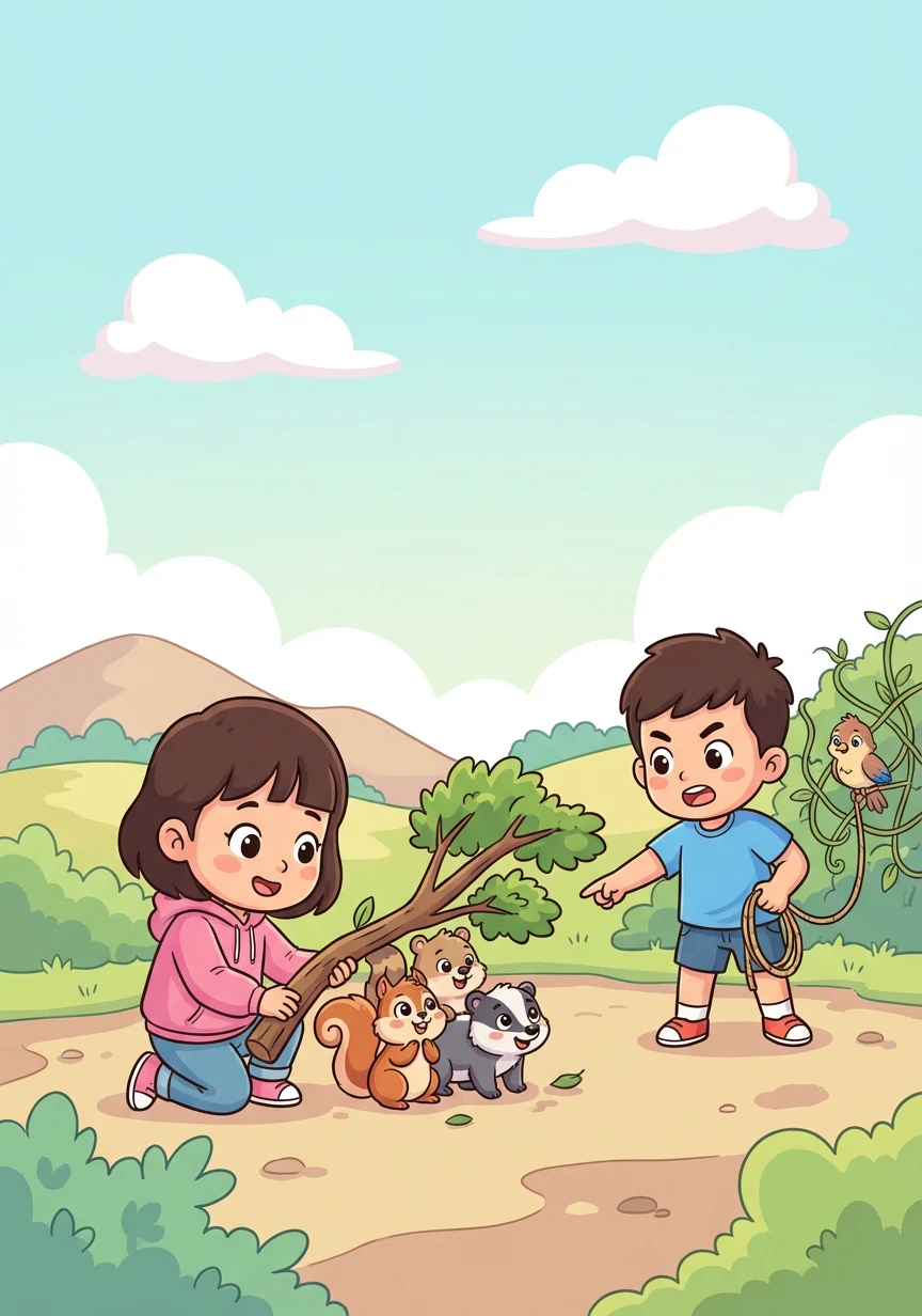 Trên đường chạy, họ gặp một nhóm động vật bị mắc kẹt. An và Huy quyết định giúp đỡ chúng.