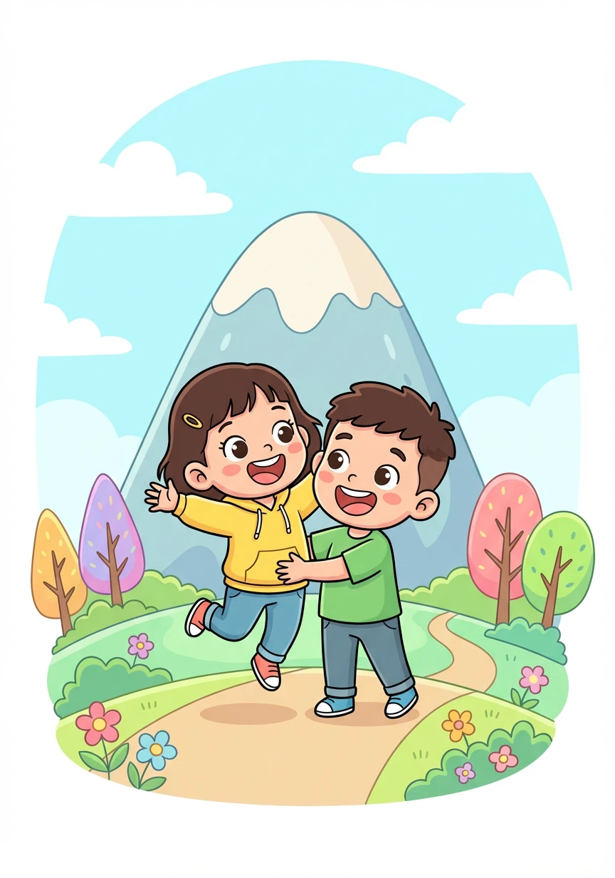 Cuối cùng, An và Huy cũng xuống được chân núi. Họ an toàn và vui mừng.