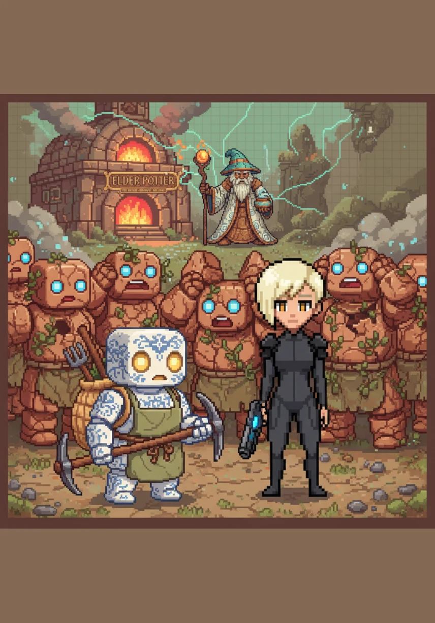 In the heart of a giant, sunlit workshop lies the Great Ceramic Colony, a sprawling city of porcelain towers and terra cotta streets. Cera, a small porcelain girl with delicate blue floral patterns on her skin, gazes out at the shimmering glazed horizon. The air smells of warm earth and ancient kilns, and every building hums with a faint, musical ring.