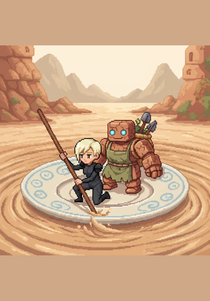 The duo reaches the River of Slip, a slow-moving, viscous stream of liquid clay that blocks their path to the mountains. They find a giant, discarded tea saucer resting by the bank and use it as a makeshift boat. Cera paddles through the thick, swirling currents while Terra keeps the vessel steady against the heavy waves.