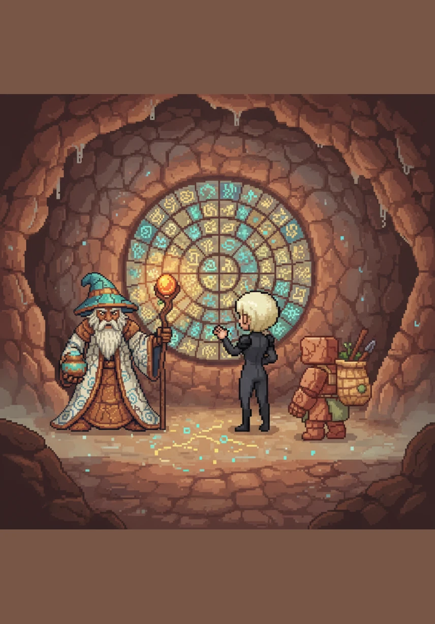 They finally arrive at the Caverns of Clay, where the walls are damp and the air is thick with the scent of raw minerals. To proceed, they must solve a puzzle of rotating mosaic tiles that shimmer in the darkness. Cera uses her keen eye for patterns to align the tiles, revealing a hidden path that glows with a soft, subterranean light.