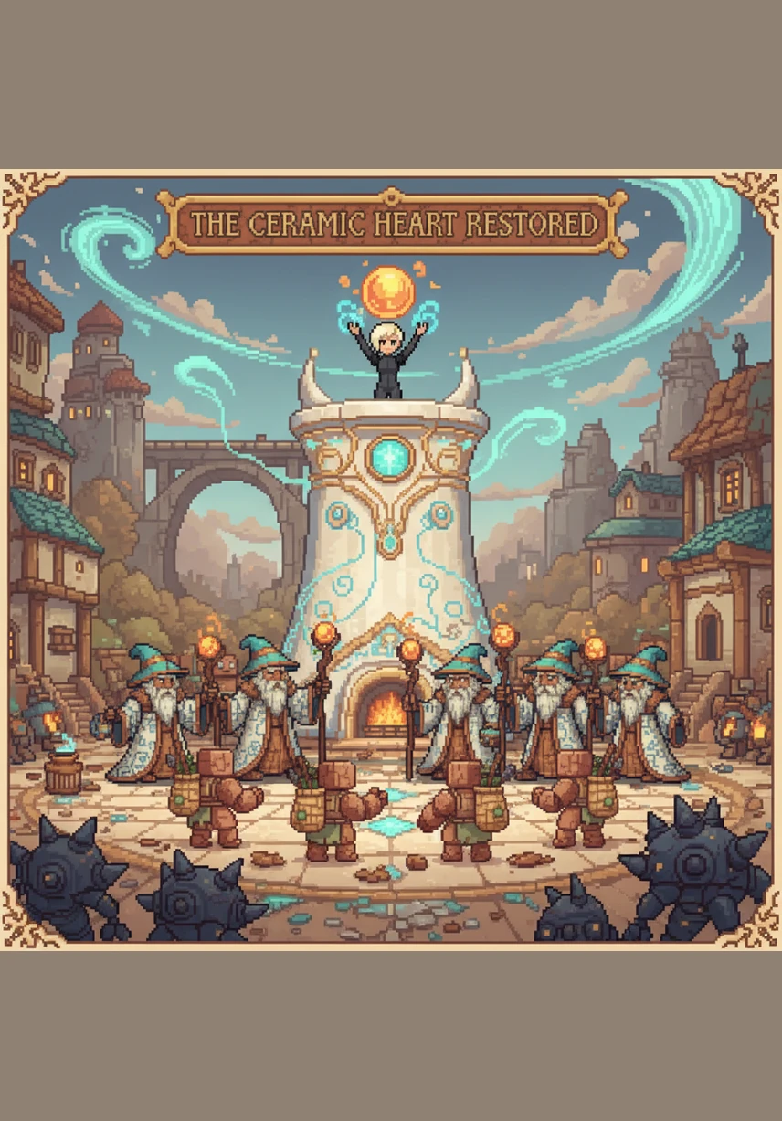 The golden liquid hardens instantly into a beautiful, shimmering seam that makes the tower stronger than it was before. The citizens of the colony emerge to celebrate, their porcelain bodies clinking together in a joyous symphony. Cera and Terra stand together as heroes, proving that even the most fragile things can be made whole again with courage and care.