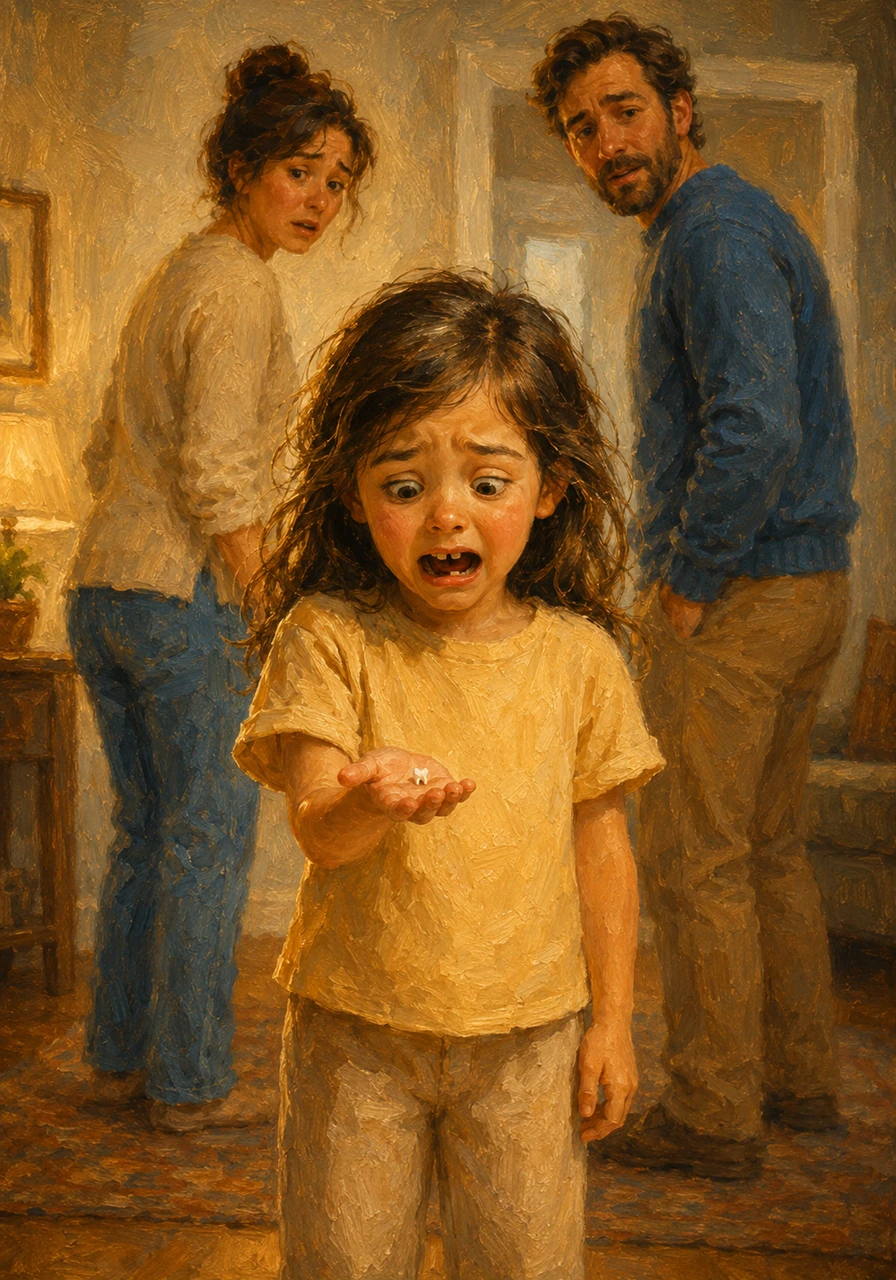 Lily stared at the tiny white object in her palm, her eyes wide with shock and confusion. A dark gap had appeared in her smile, and she let out a worried cry, certain that her whole body was starting to come undone.