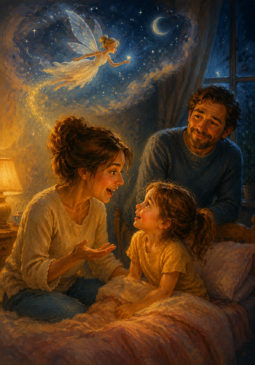 Mom began to tell a magical story about a tiny, shimmering visitor known as the Tooth Fairy who travels the world. As Lily listened, her fear turned into wonder, and she began to imagine a winged sprite flying through the moonlit sky.
