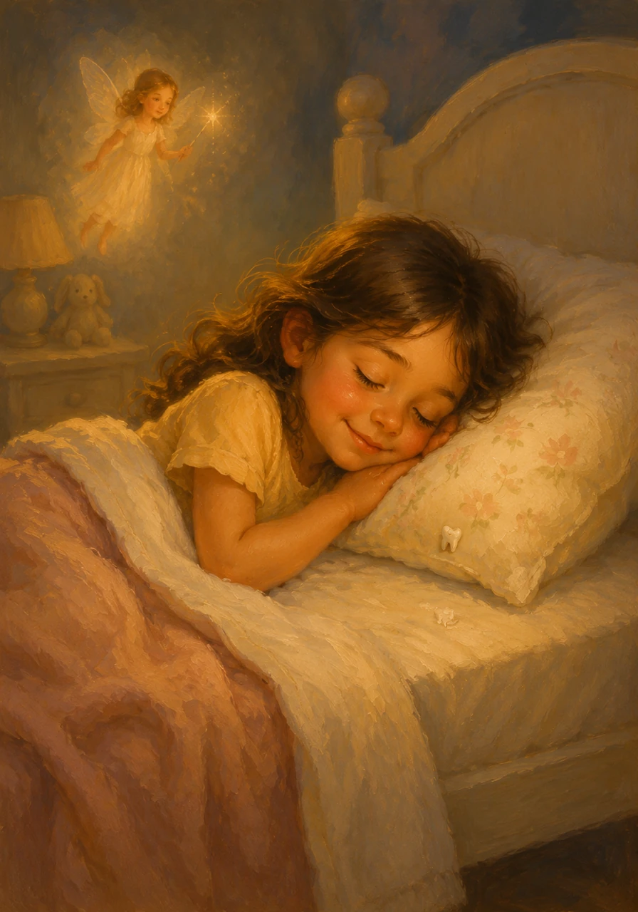 With a heart full of anticipation, Lily carefully placed her precious tooth beneath her soft, floral pillow. She squeezed her eyes shut and drifted off to sleep, hoping the Tooth Fairy would find her room before the sun came up.