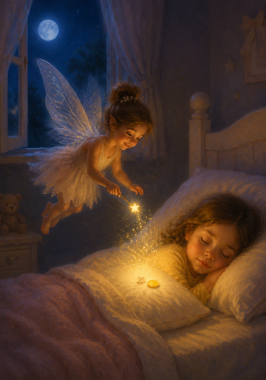 While the house was silent and still, a tiny figure with gossamer wings and a glowing wand fluttered through the open window. With a sprinkle of magical dust, the Tooth Fairy gently swapped the small tooth for something bright and crisp.
