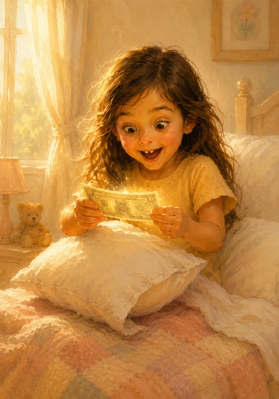 The morning sun peeked through the curtains, and Lily reached under her pillow with trembling, excited fingers. To her absolute delight, she pulled out a shiny twenty-dollar bill that seemed to shimmer with a hint of leftover fairy magic.