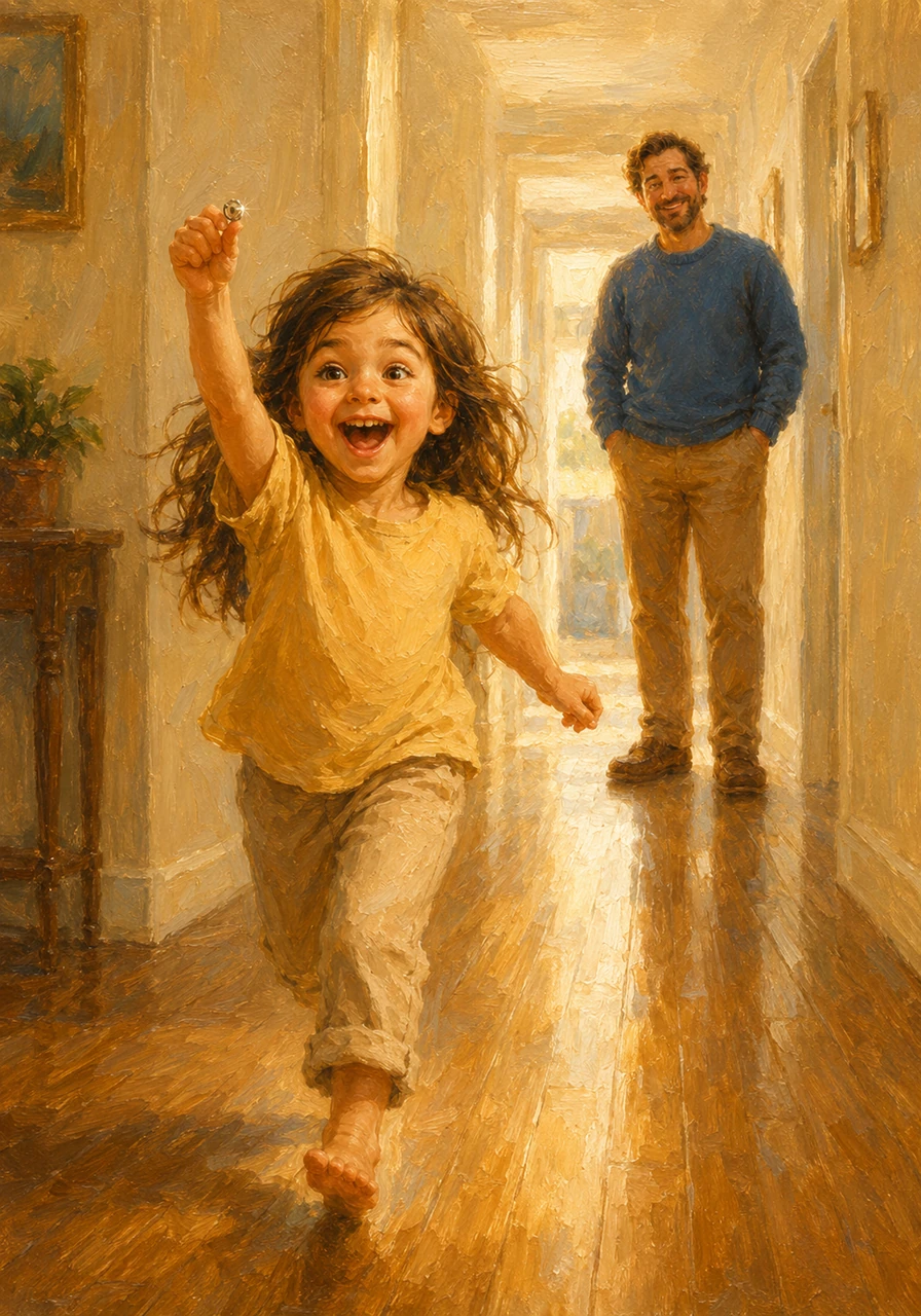 Lily sprinted down the hallway, waving her treasure in the air and shouting for her father at the top of her lungs. She couldn't believe her luck, her face beaming with a new, gap-toothed grin that was brighter than ever before.