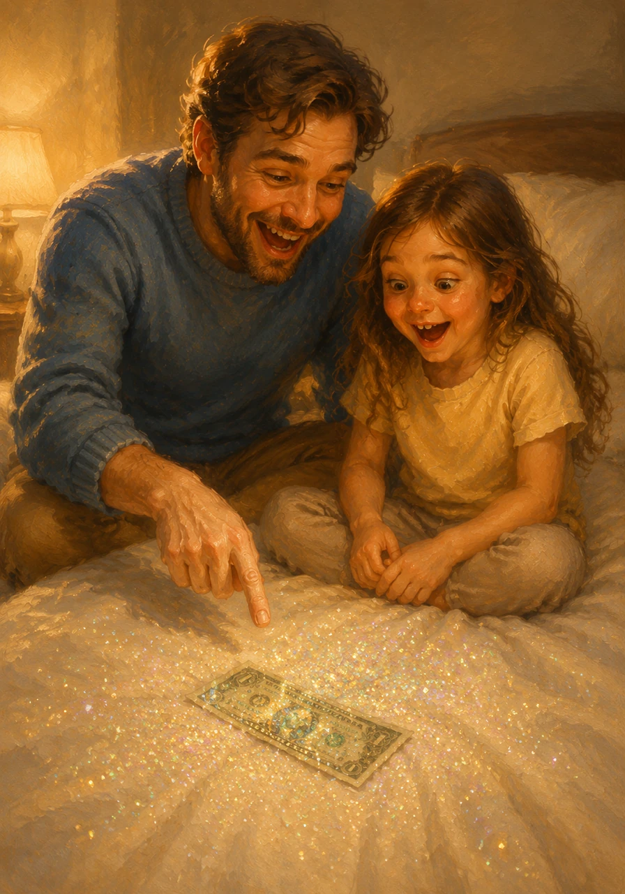 Dad laughed and pointed out the sparkling, iridescent glitter that covered the bill and the bedsheets. They marveled at the lingering magic together, realizing that growing up was much more exciting and rewarding than Lily had ever imagined.