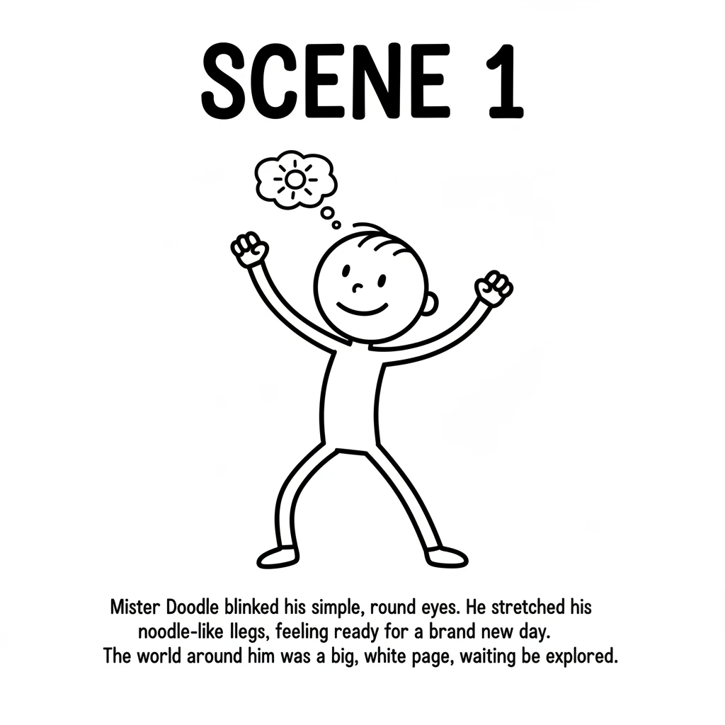 Mister Doodle blinked his simple, round eyes. He stretched his noodle-like arms and legs, feeling ready for a brand new day. The world around him was