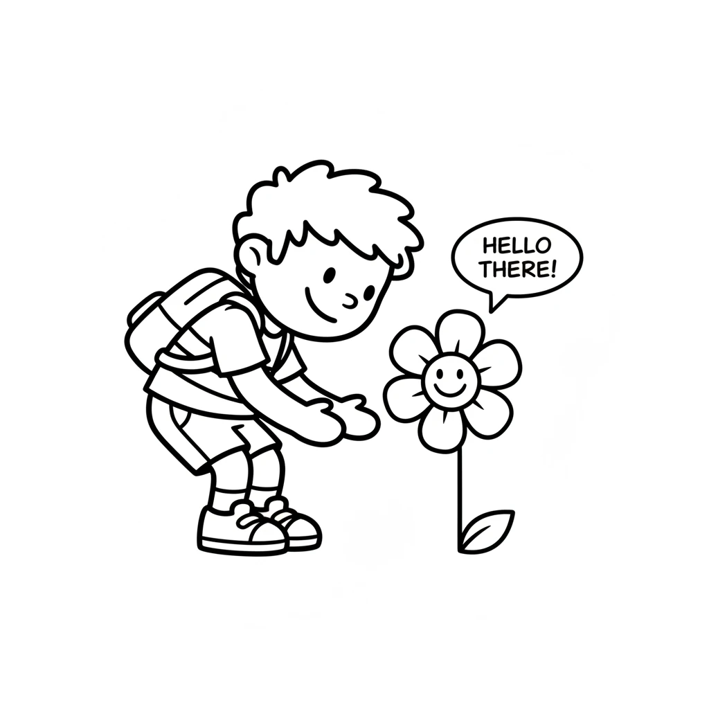 As Mister Doodle walked, he spotted a cheerful little flower. It had big, round petals and a happy center, drawn with just a few lines. He bent down t