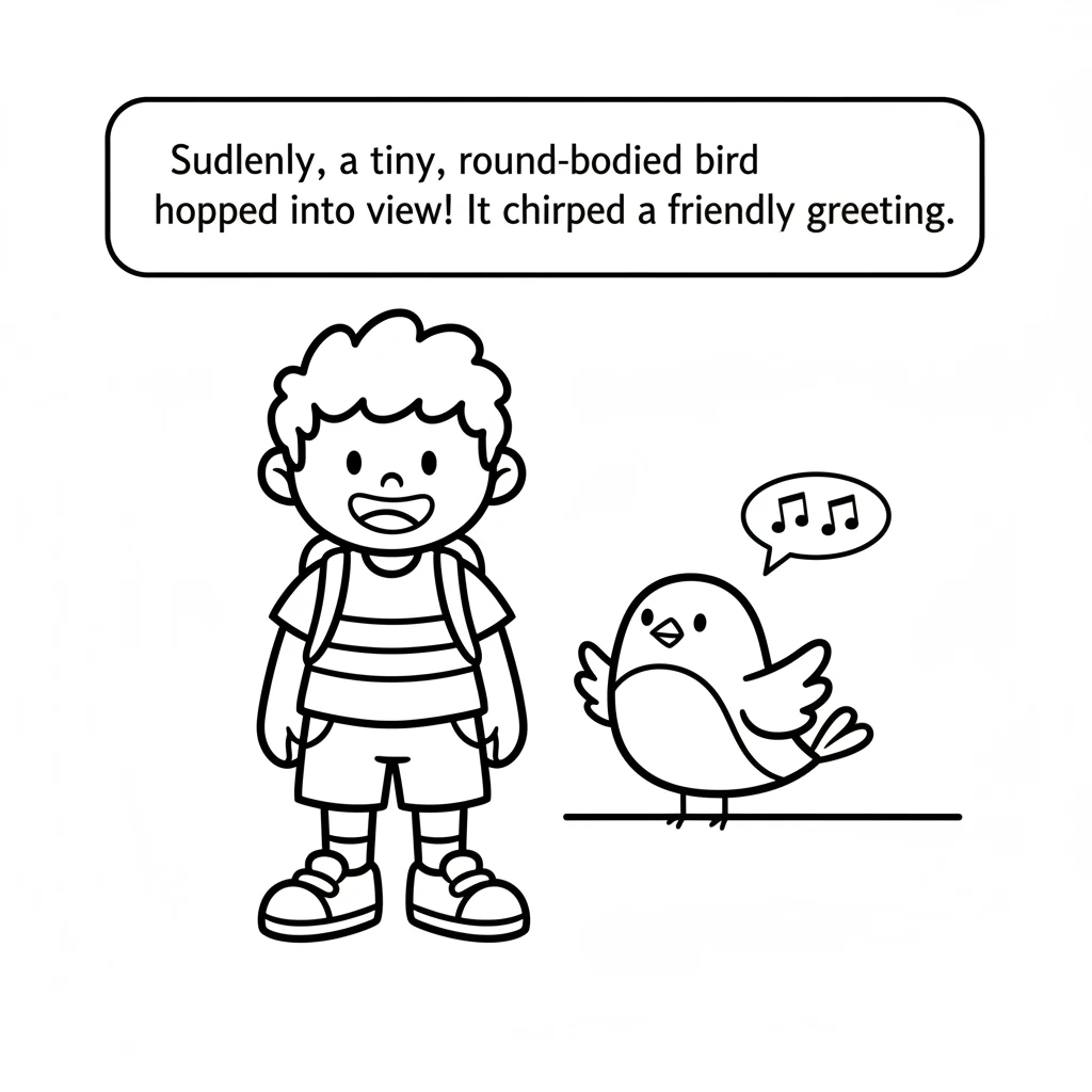 Suddenly, a tiny, round-bodied bird hopped into view! It had two small wings and a happy beak, just like Mister Doodle’s smile. The little bird chirpe